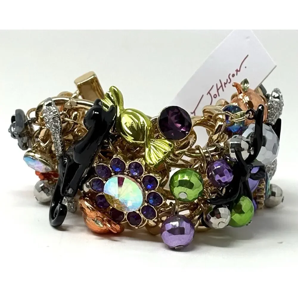 Betsey Johnson Halloween Toggle Bracelet Black Cat Spider Bat Candy Charms Wide